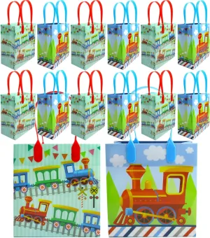 TINYMILLS Train Themed Treat Bags, 12 Reusable Bags with Handles, Perfect for Boys & Girls Birthday Party Favors