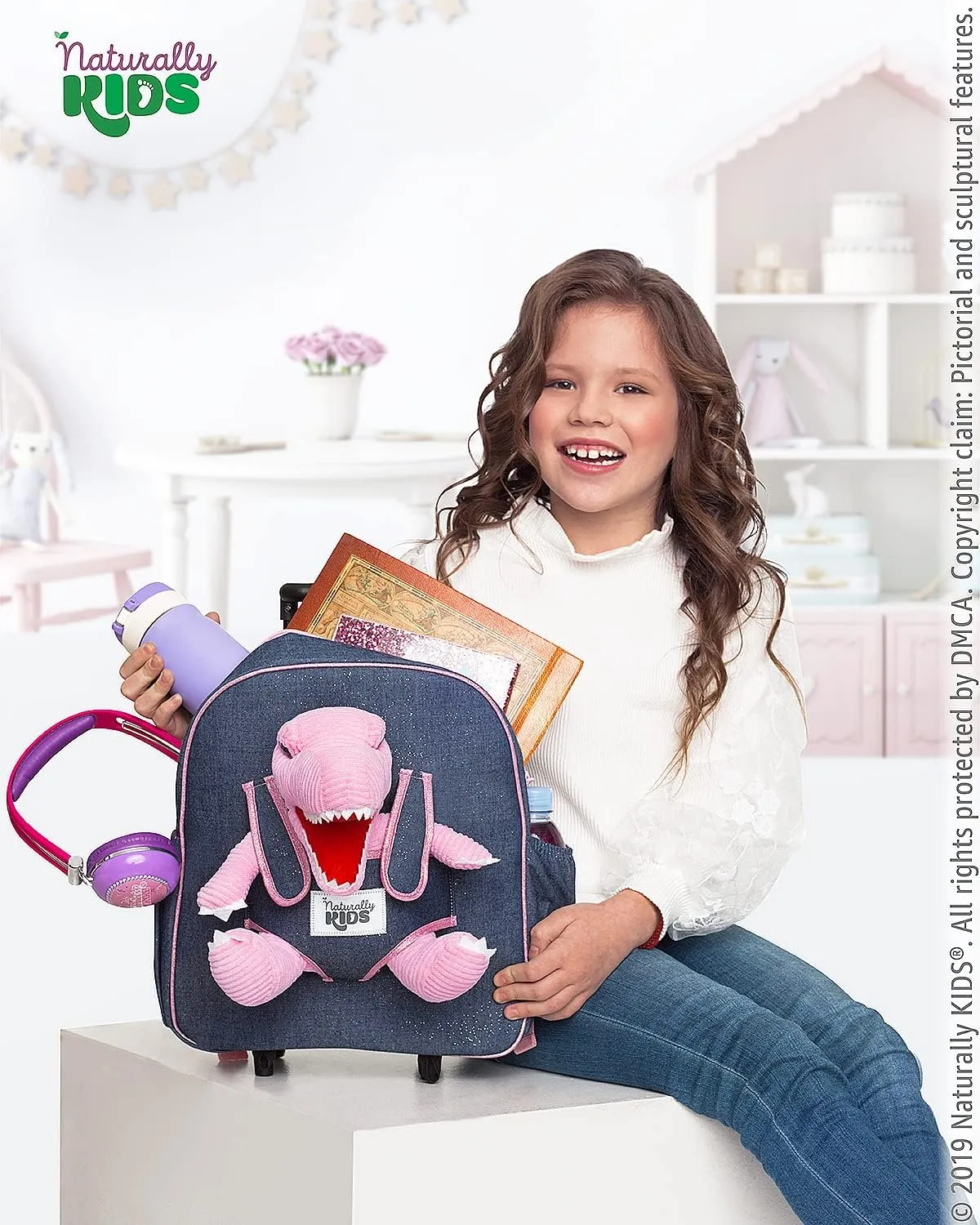 Toddler Luggage w Pink Dinosaur Toys, Kids Rolling Backpack for Girls, Boys, Toddler Suitcase, Gifts for 3 4 5 6 Year Old