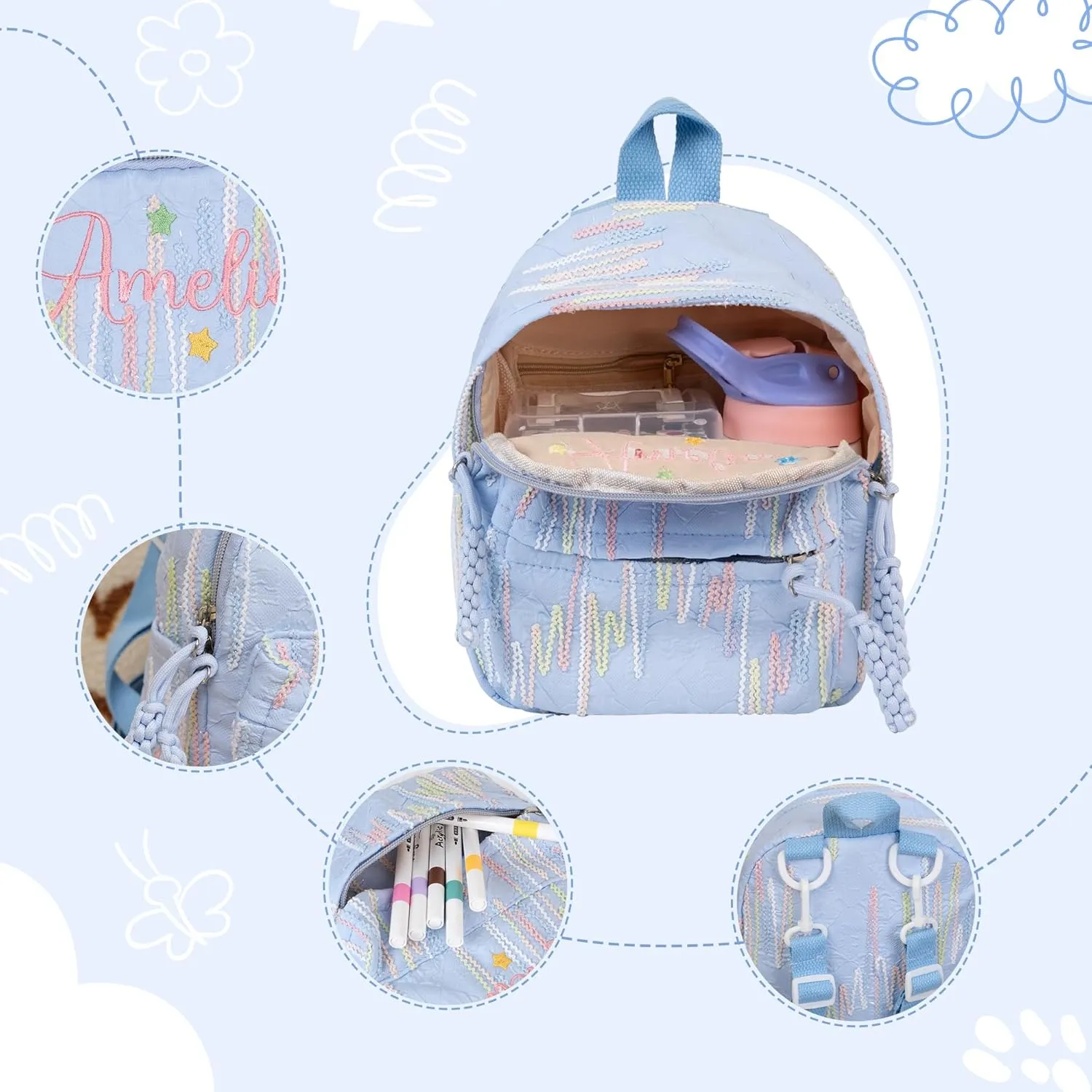 TOMAY Personalized Pink/Blue 3D Color Striped Backpack Embroidery Custom Name Cute Mini Backpack Suitable For Daily Activities