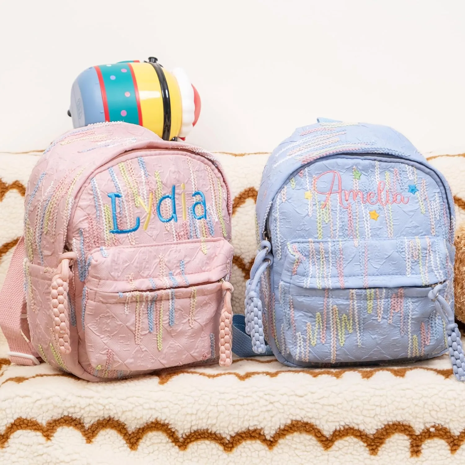 TOMAY Personalized Pink/Blue 3D Color Striped Backpack Embroidery Custom Name Cute Mini Backpack Suitable For Daily Activities