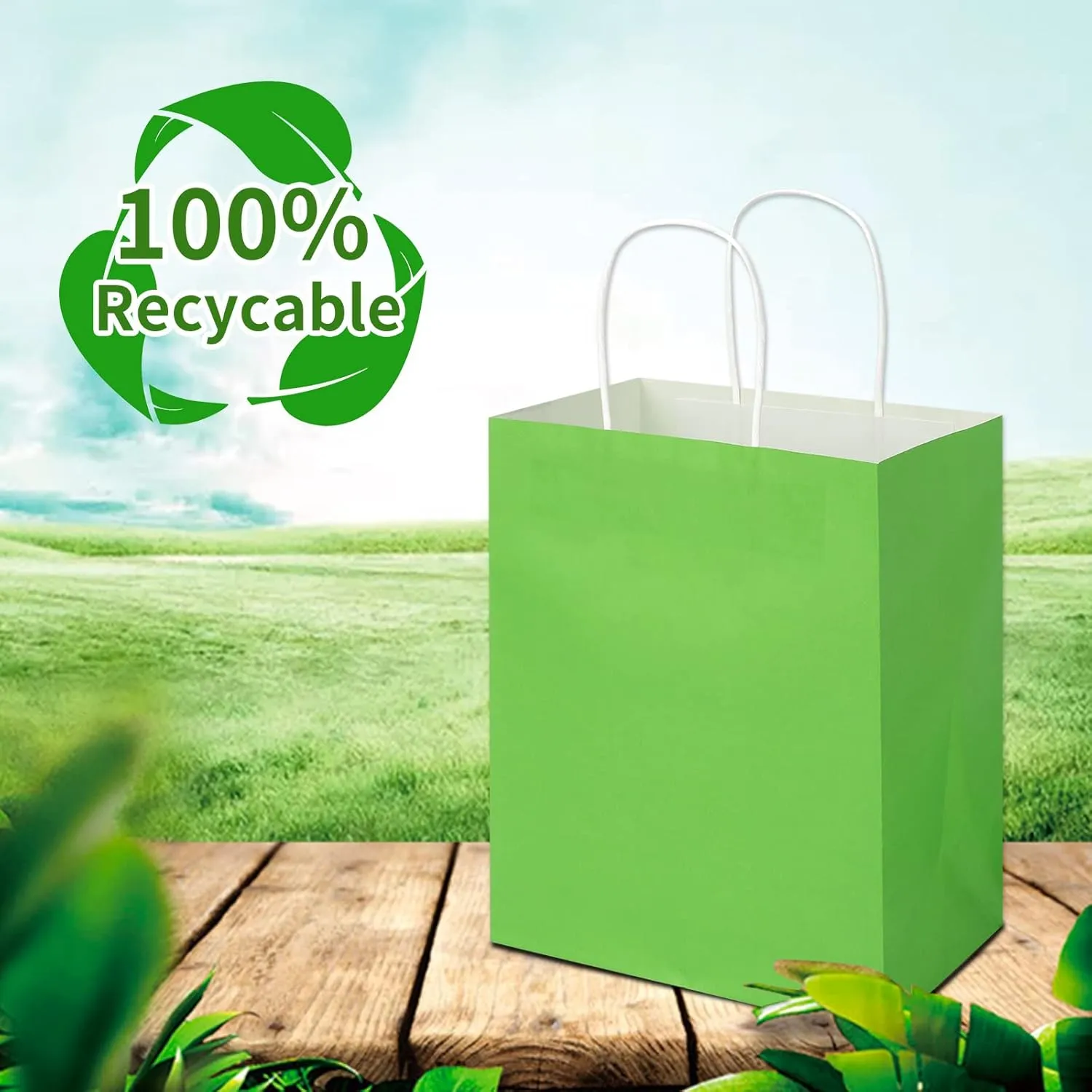 Toovip 50 Pack 8x4.75x10 Inch Medium Grass Green Kraft Paper Bags with Handles Bulk, Gift Bags for Birthday Party Favors Retail Grocery Shopping Business Goody Craft Merchandise Take Out Sacks