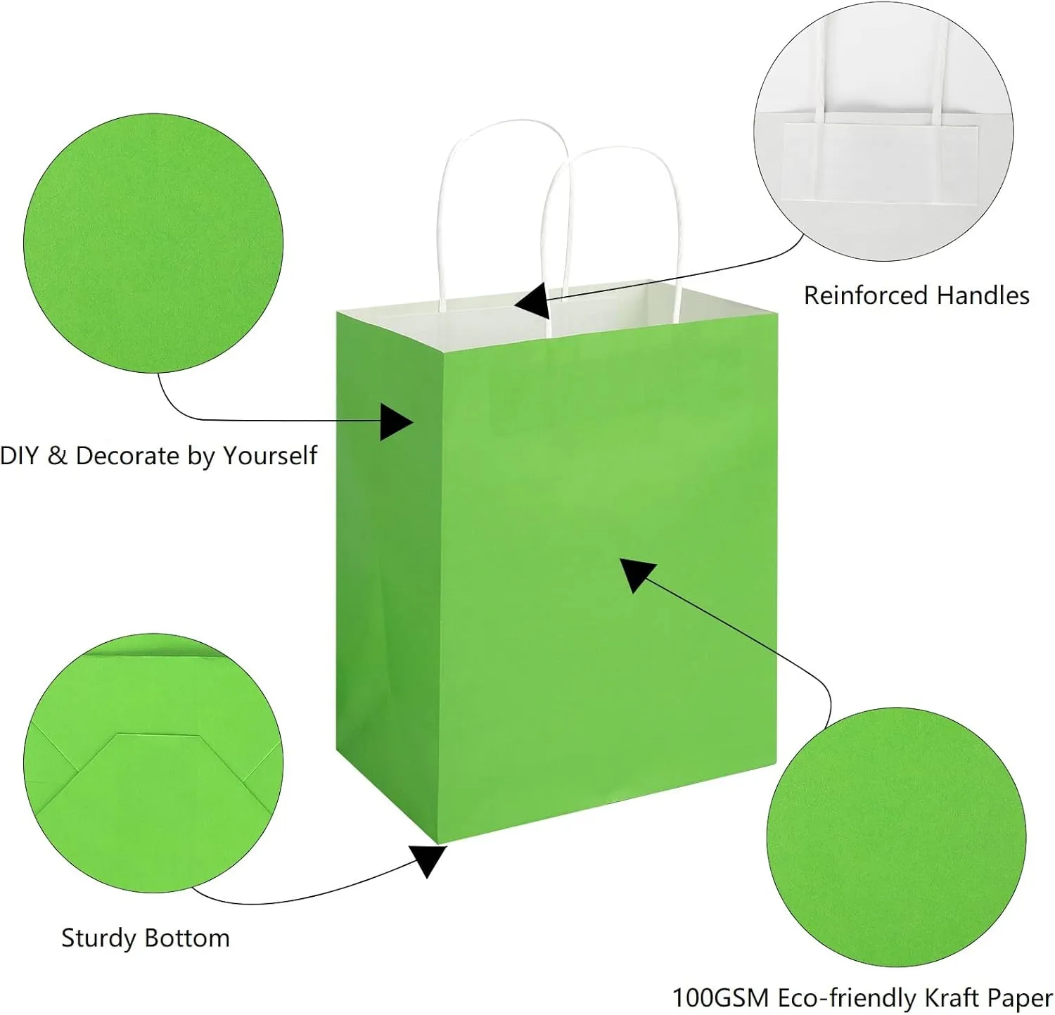 Toovip 50 Pack 8x4.75x10 Inch Medium Grass Green Kraft Paper Bags with Handles Bulk, Gift Bags for Birthday Party Favors Retail Grocery Shopping Business Goody Craft Merchandise Take Out Sacks