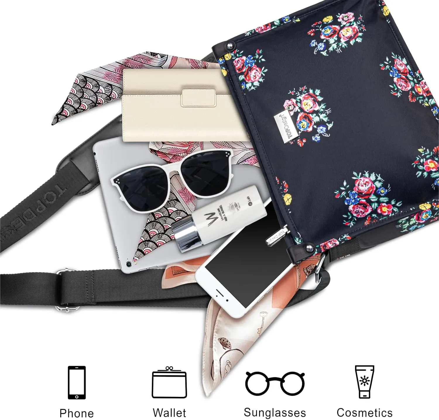 TOPDesign Lightweight Women Crossbody Bag, Shoulder Purse with Multiple Pockets, Triple Zip Handbag with Shoulder Strap