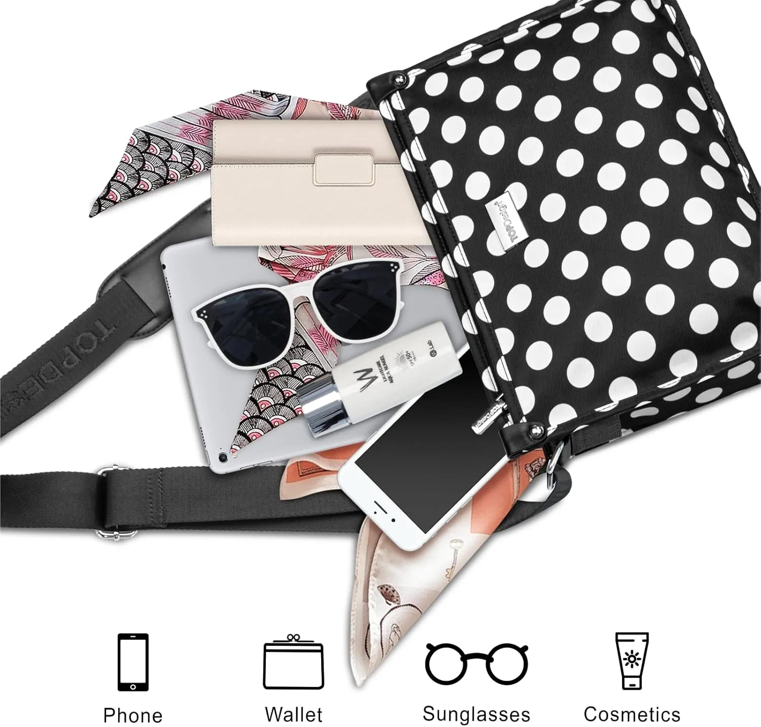 TOPDesign Lightweight Women Crossbody Bag, Shoulder Purse with Multiple Pockets, Triple Zip Handbag with Shoulder Strap