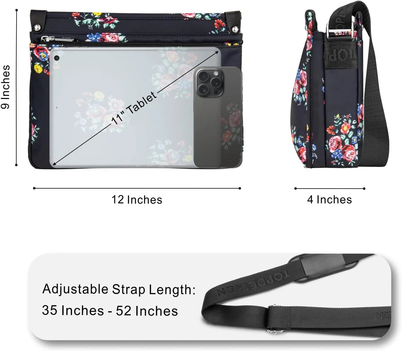 TOPDesign Lightweight Women Crossbody Bag, Shoulder Purse with Multiple Pockets, Triple Zip Handbag with Shoulder Strap