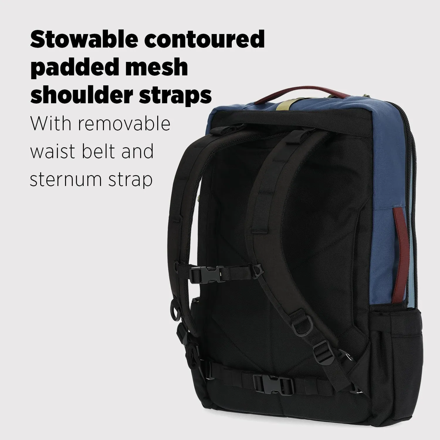 Topo Designs Global Travel Bag 30-40 Liter - Carry-on Compliant Versatile Pack, 3 Carry Options, External Laptop Sleeve (Eco-Friendly, 30L, Denim)