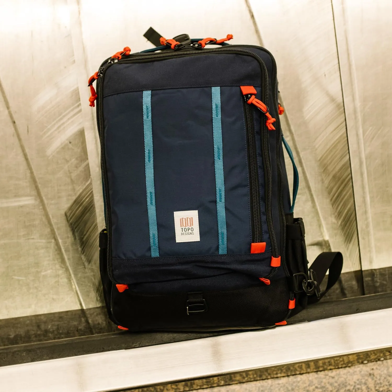 Topo Designs Global Travel Bag 30-40 Liter - Carry-on Compliant Versatile Pack, 3 Carry Options, External Laptop Sleeve (Eco-Friendly, 30L, Denim)