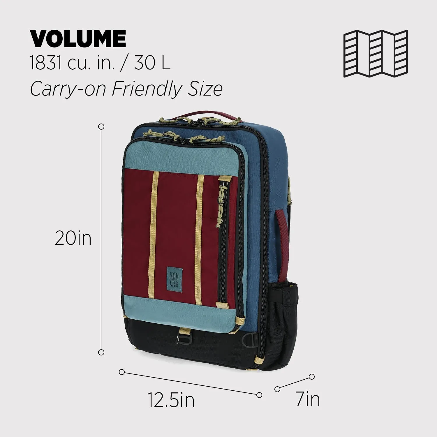 Topo Designs Global Travel Bag 30-40 Liter - Carry-on Compliant Versatile Pack, 3 Carry Options, External Laptop Sleeve (Eco-Friendly, 30L, Denim)
