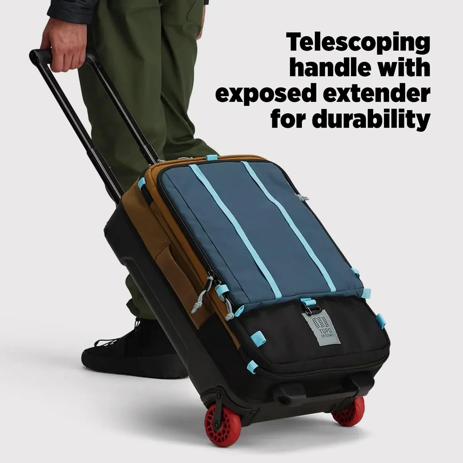 Topo Designs Global Travel Roller Bag Suitcase, 44L Carry-On, 3 Handles, Smooth Heavy Duty Wheels, Telescoping Handle, Durable   Rugged, WRAP Certified (Denim)