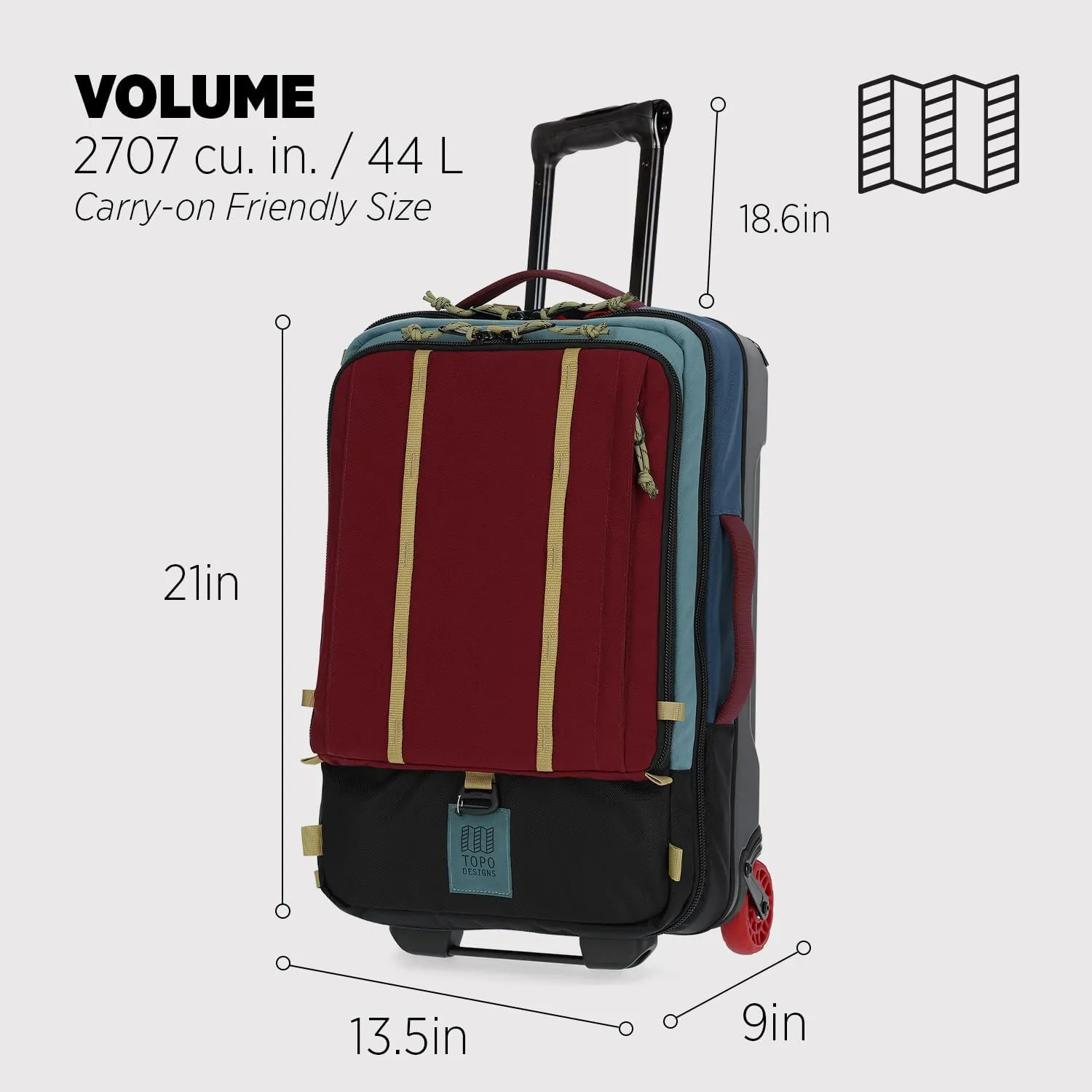 Topo Designs Global Travel Roller Bag Suitcase, 44L Carry-On, 3 Handles, Smooth Heavy Duty Wheels, Telescoping Handle, Durable   Rugged, WRAP Certified (Denim)