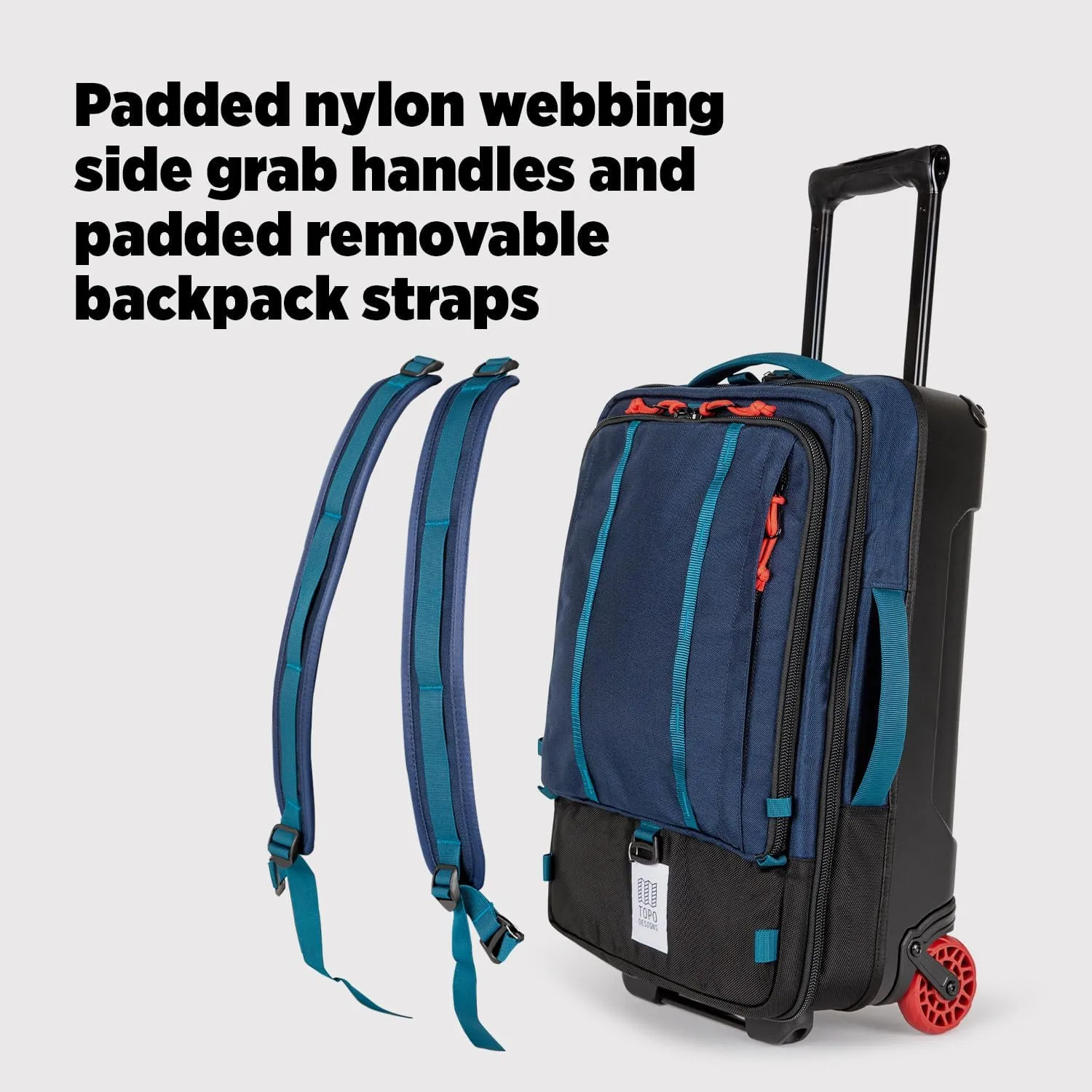 Topo Designs Global Travel Roller Bag Suitcase, 44L Carry-On, 3 Handles, Smooth Heavy Duty Wheels, Telescoping Handle, Durable   Rugged, WRAP Certified (Denim)