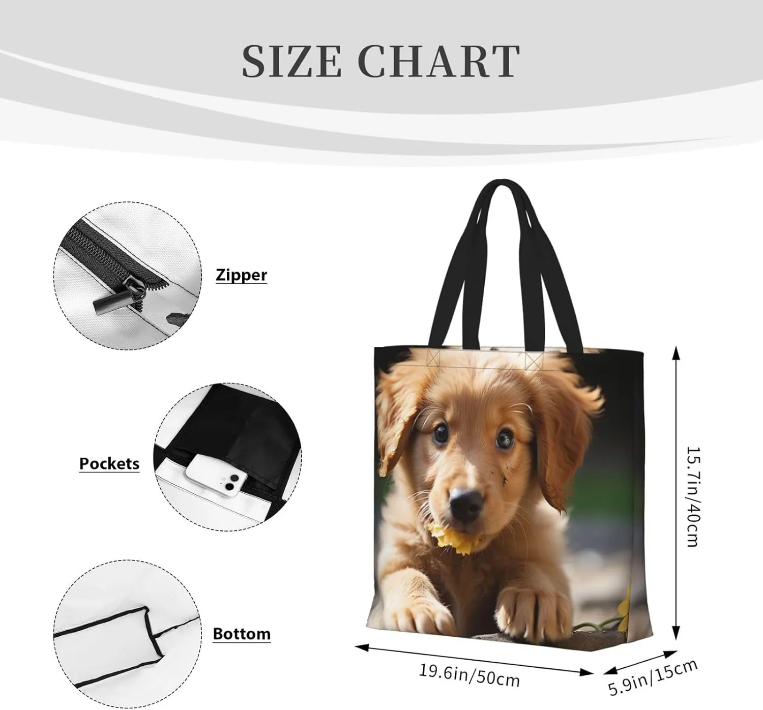Tote Bag for Women Cute puppy funny Shoulder Bag with Zipper Handbag Large Capacity Reusable Grocery Bag