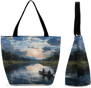 Tote Bag for Women Fishing Scenic Printed Large Women Casual Shoulder Bag Reusable Shopping Handbag Grocery Bags for Work Travel
