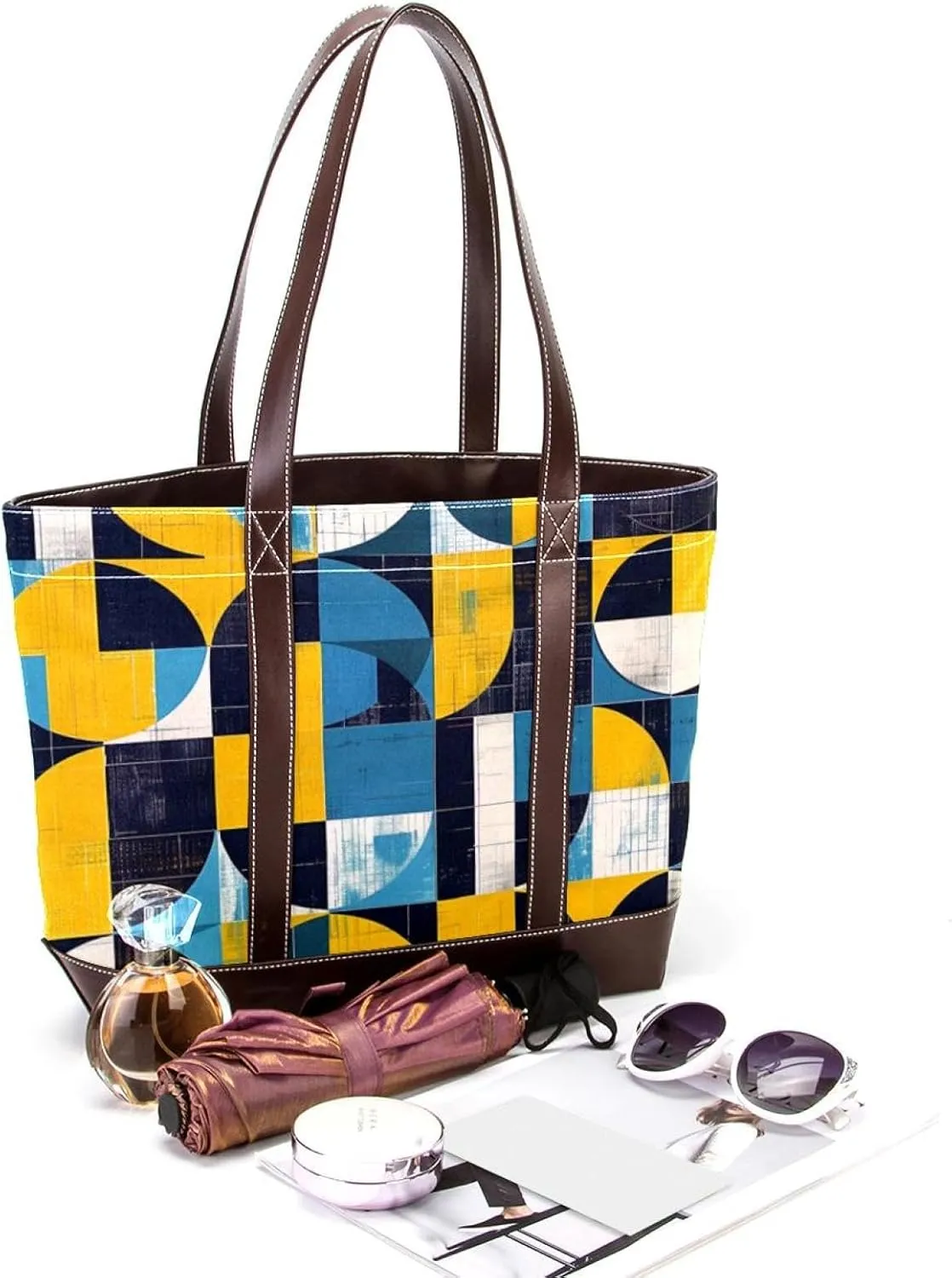 Tote Bag for Women, Large Tote Bag, Tote Bag with Zipper, Geometric Blue Yellow Fashion, Womens Tote Bag
