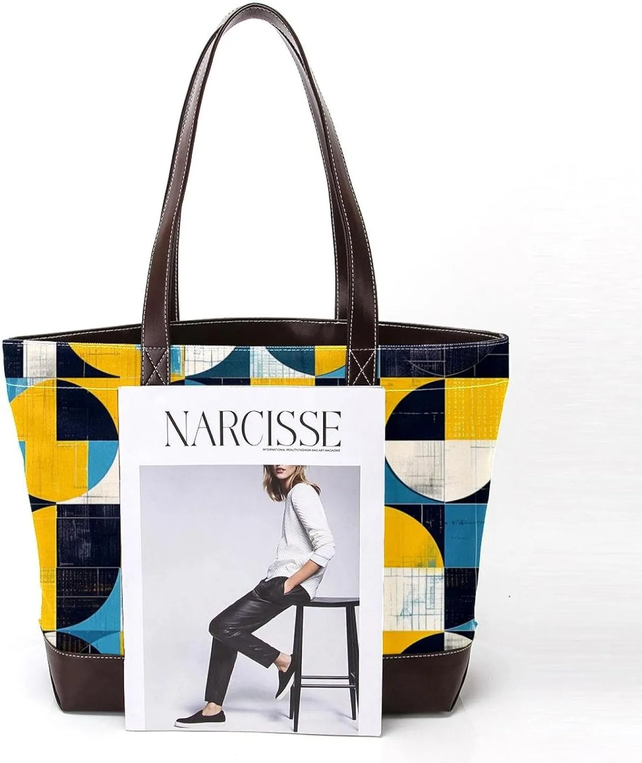 Tote Bag for Women, Large Tote Bag, Tote Bag with Zipper, Geometric Blue Yellow Fashion, Womens Tote Bag