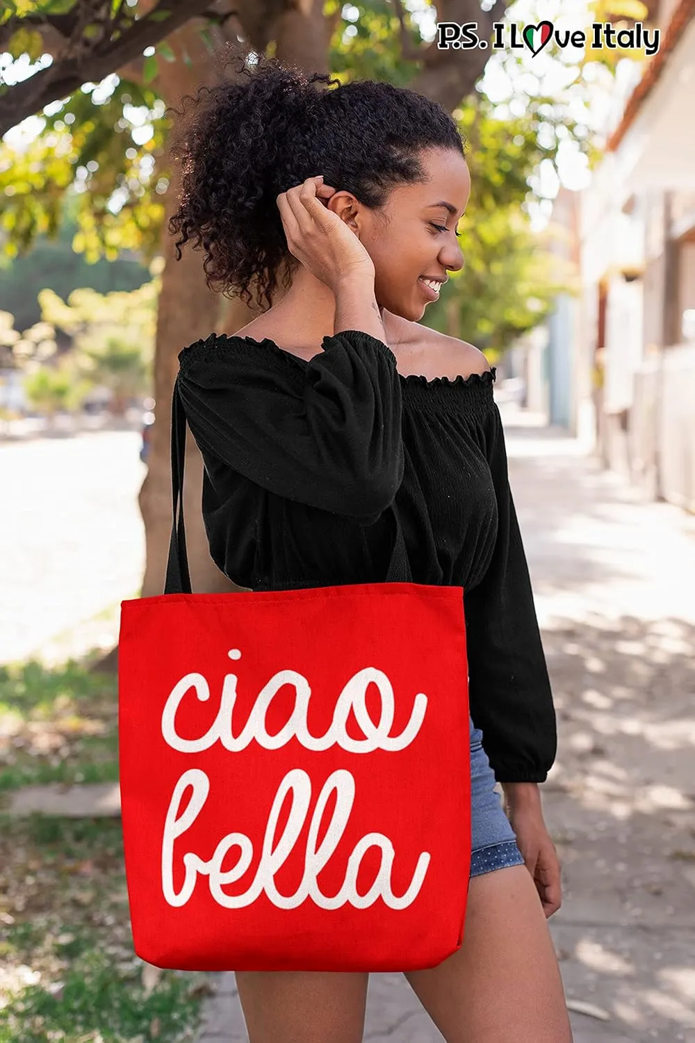 Tote Bag Italy Themed - Ciao Bella Casual & Big but Stylish Poplin Shoulder Handbag for Work & Travel