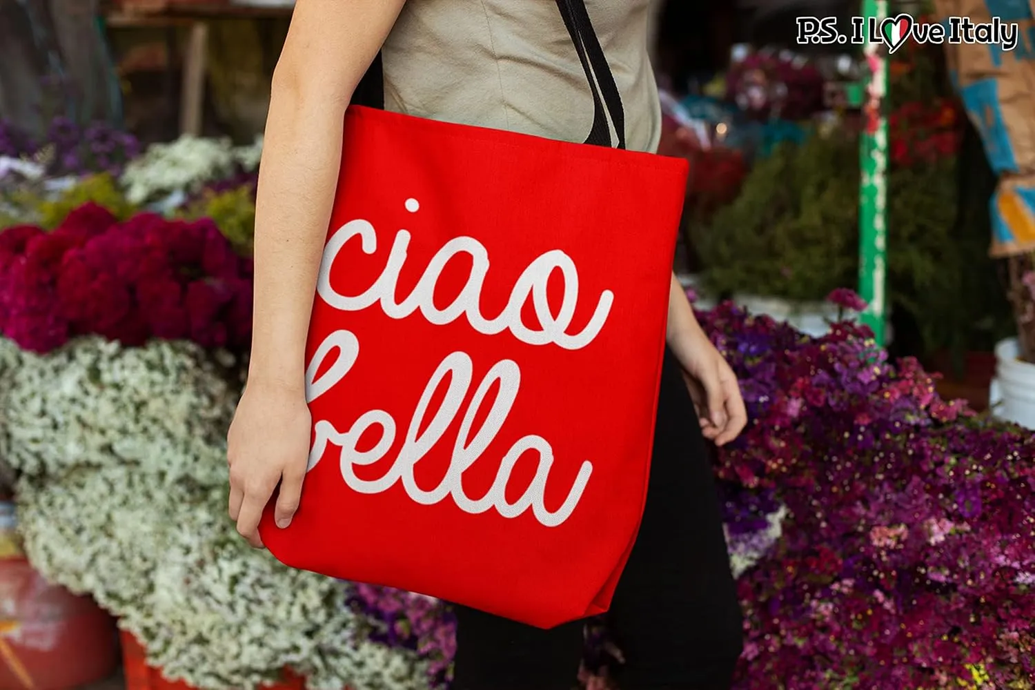 Tote Bag Italy Themed - Ciao Bella Casual & Big but Stylish Poplin Shoulder Handbag for Work & Travel