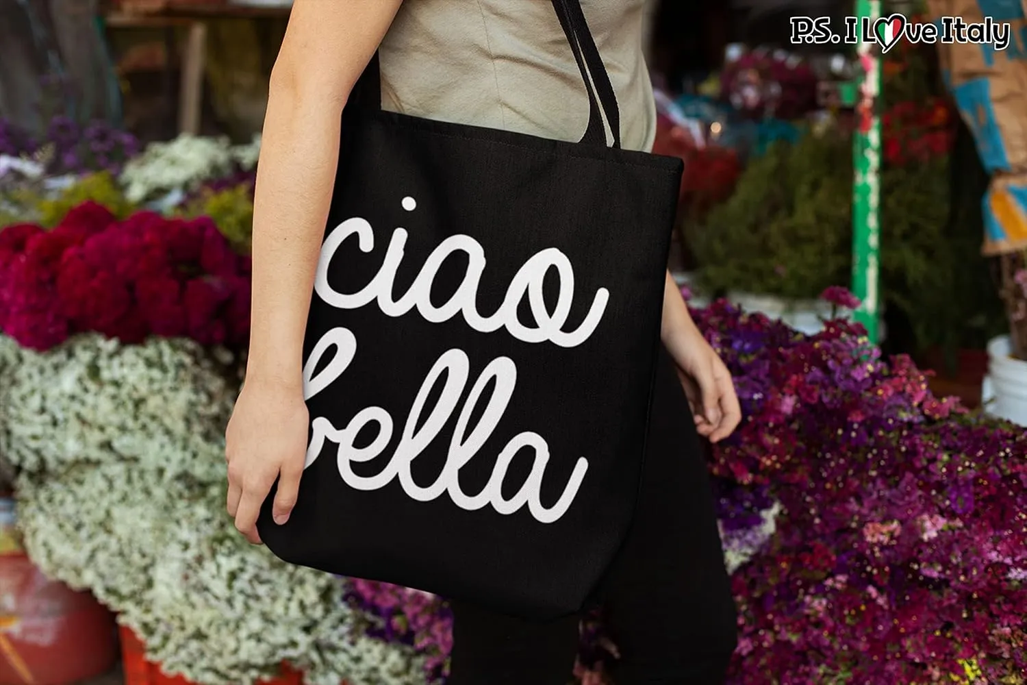 Tote Bag Italy Themed - Ciao Bella Casual & Big but Stylish Poplin Shoulder Handbag for Work & Travel
