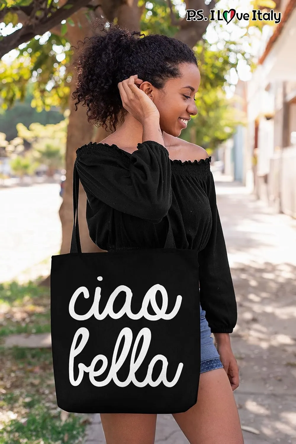 Tote Bag Italy Themed - Ciao Bella Casual & Big but Stylish Poplin Shoulder Handbag for Work & Travel