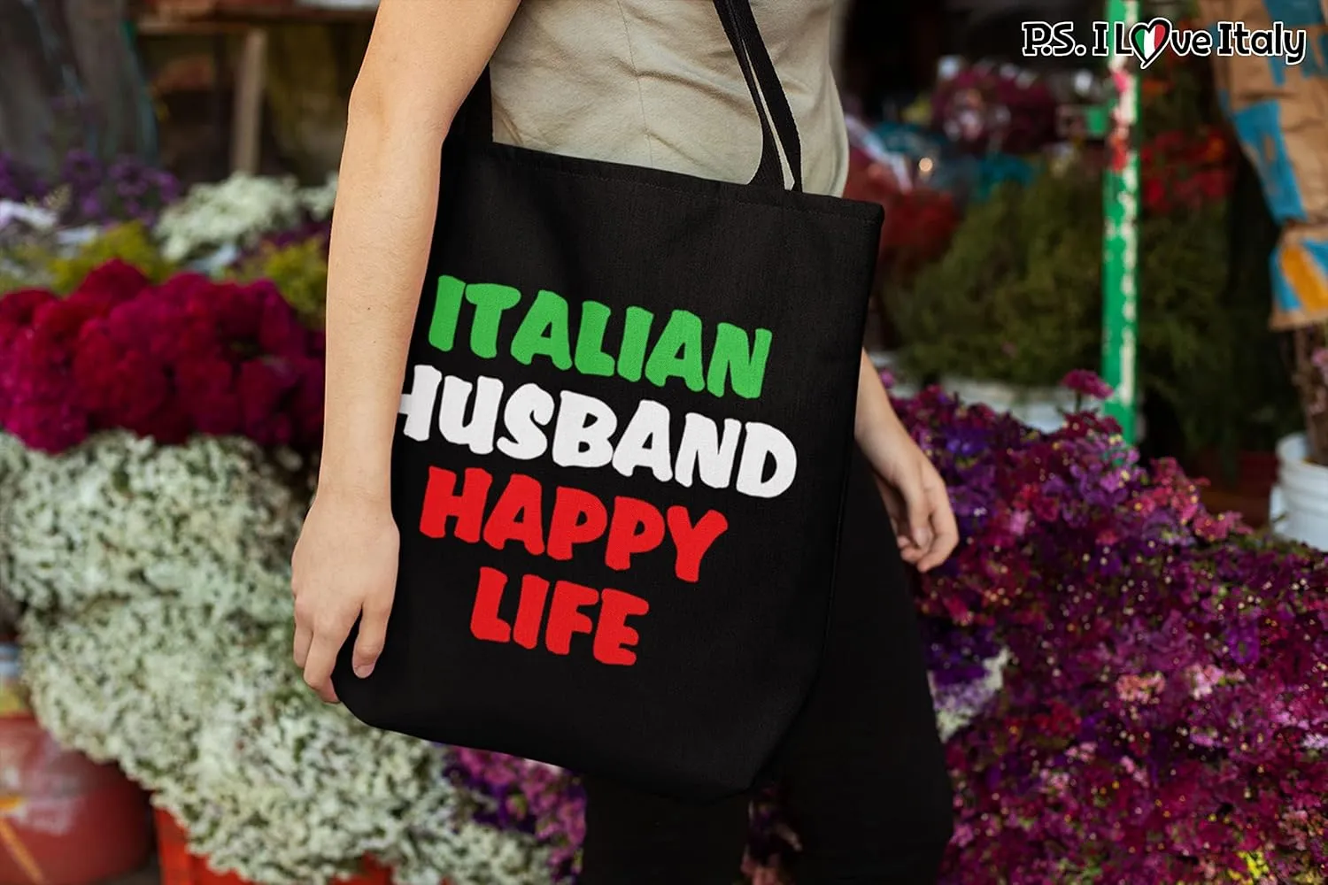 Tote Bag Italy Themed - Italian Husband Happy Life Casual & Big but Stylish Poplin Shoulder Handbag for Work & Travel