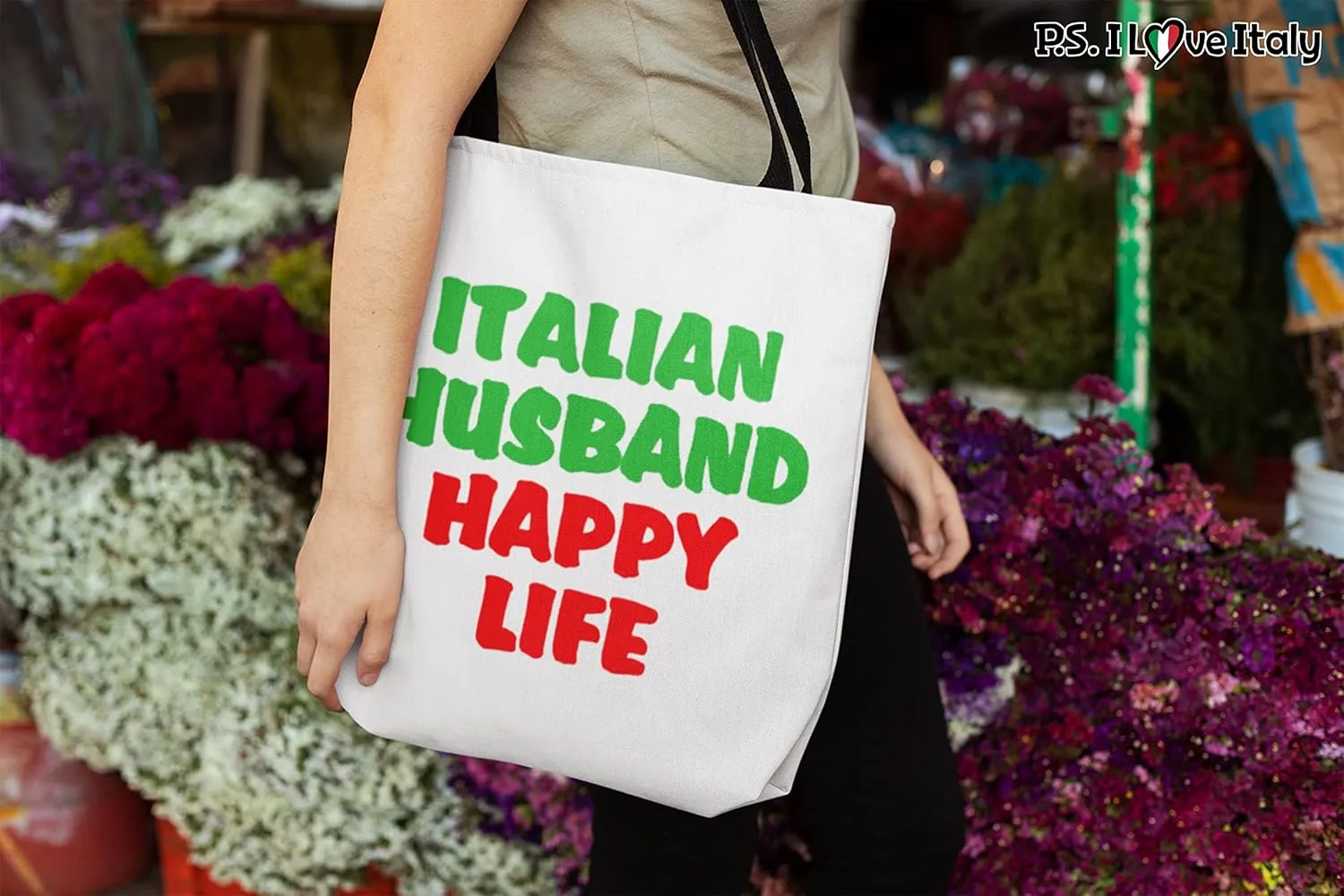 Tote Bag Italy Themed - Italian Husband Happy Life Casual & Big but Stylish Poplin Shoulder Handbag for Work & Travel