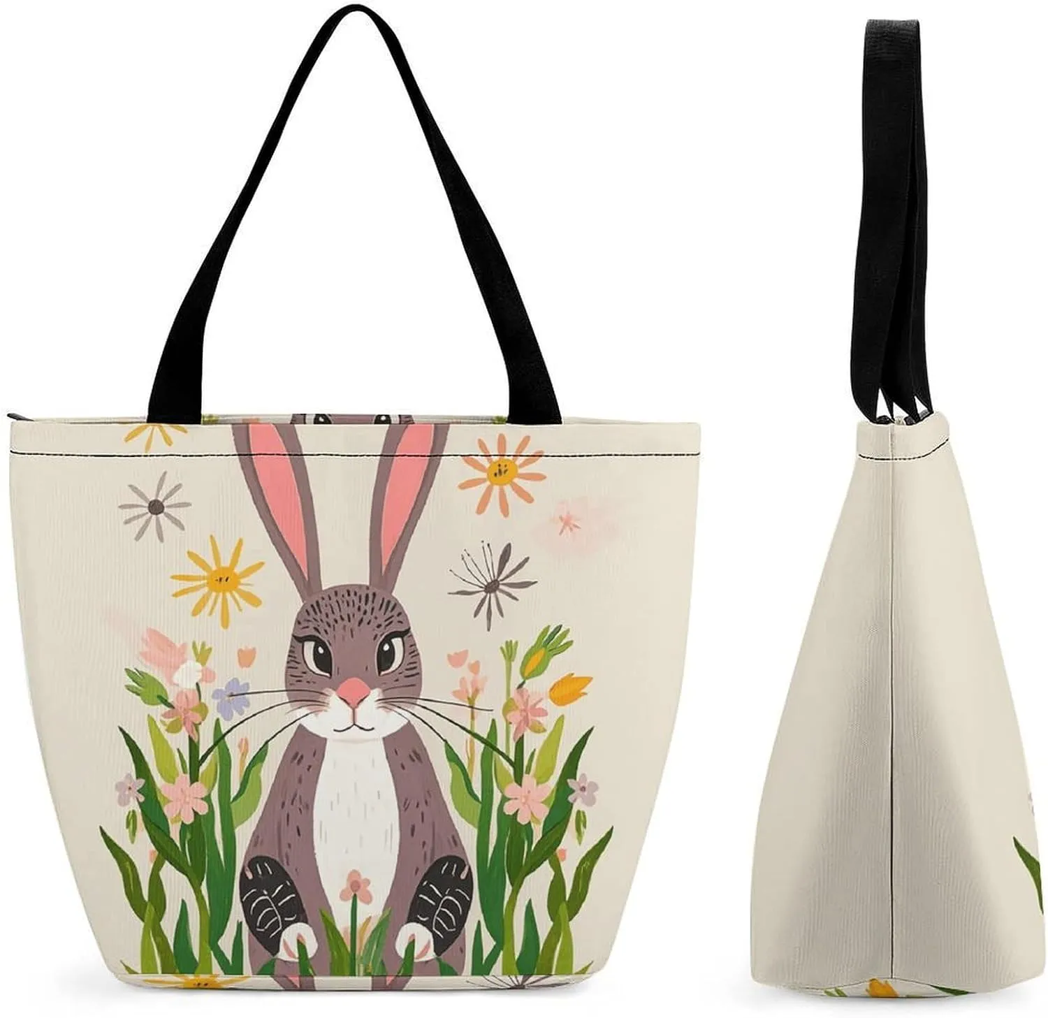 Tote Bag with Zipper Fashion Shoulder Bag Funky Animal Bunny Humor Shopping Bag for Women Handbags Grocery Bag