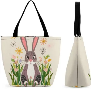 Tote Bag with Zipper Fashion Shoulder Bag Funky Animal Bunny Humor Shopping Bag for Women Handbags Grocery Bag