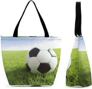 Tote Bag with Zipper Fashion Shoulder Bag Soccer Ball On Grassy Shopping Bag for Women Handbags Grocery Bag