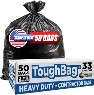 ToughBag 30-33 Gallon Trash Bags Heavy Duty (50 COUNT) 3 Mil Contractor Trash Bags – Heavy Duty Black Contractor Can Liners - Made In USA