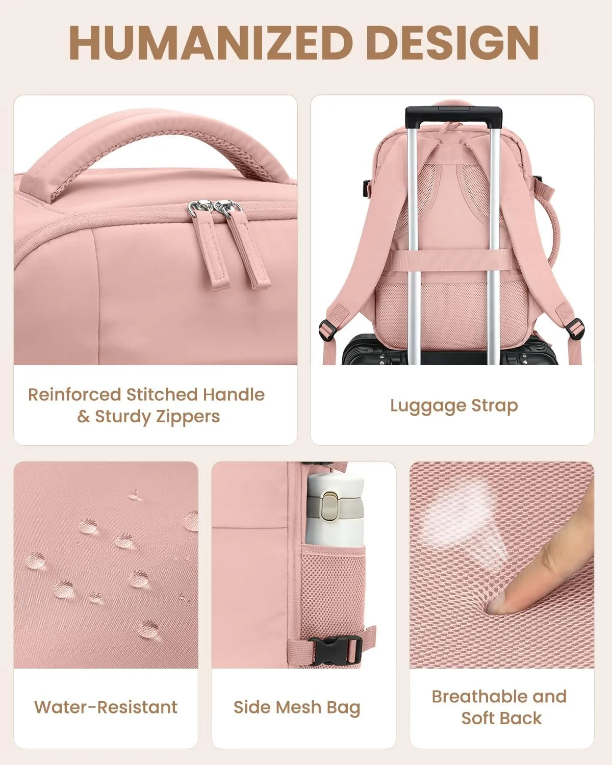 Travel Backpack for Women Man, Waterproof Personal Item Travel Bag Airline Approved Laptop Backpack Weekender bags Bookbag for Business,Travel, Work Fits 15.6 inch Laptop(Medium,Pink)