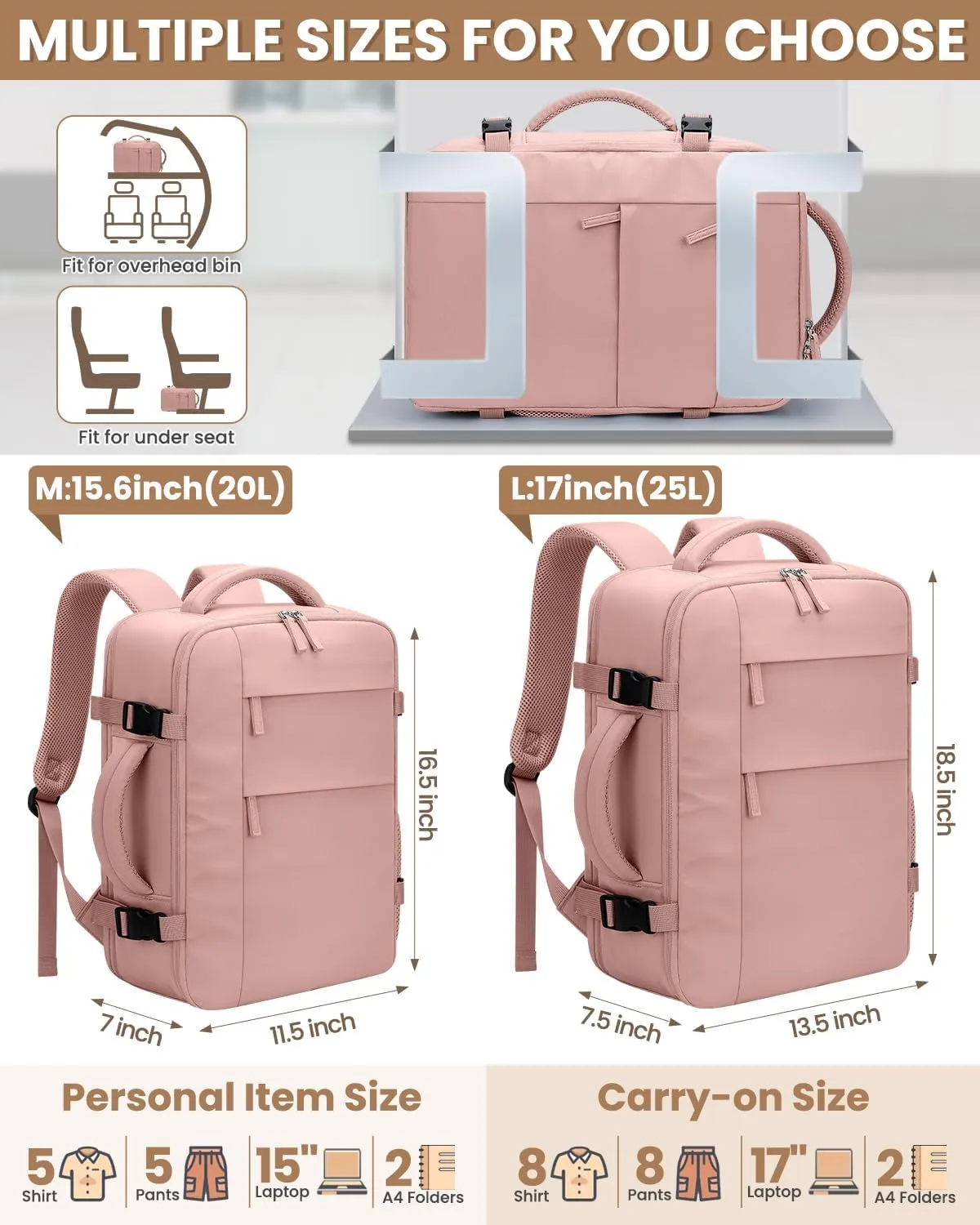 Travel Backpack for Women Man, Waterproof Personal Item Travel Bag Airline Approved Laptop Backpack Weekender bags Bookbag for Business,Travel, Work Fits 15.6 inch Laptop(Medium,Pink)