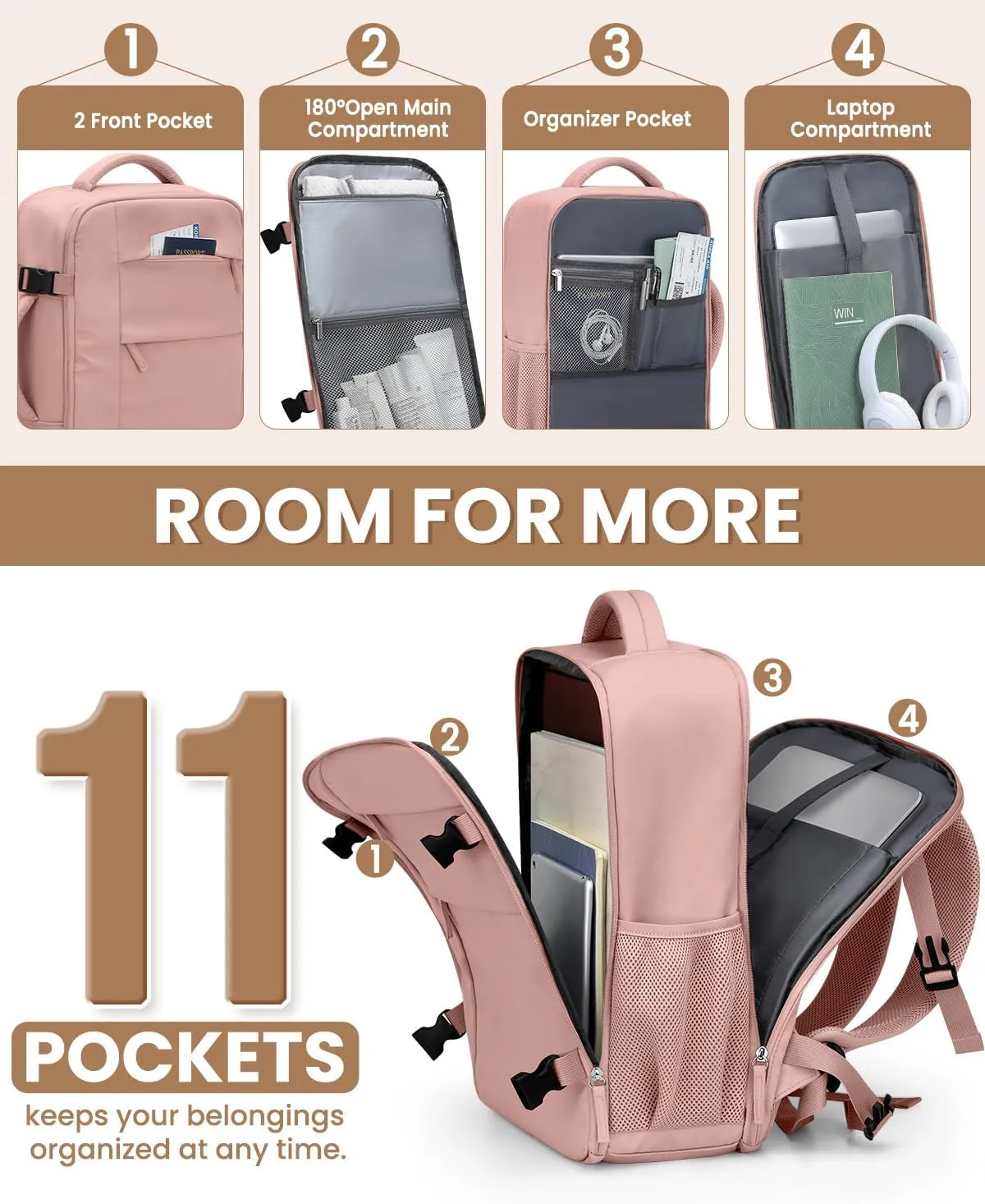 Travel Backpack for Women Man, Waterproof Personal Item Travel Bag Airline Approved Laptop Backpack Weekender bags Bookbag for Business,Travel, Work Fits 15.6 inch Laptop(Medium,Pink)