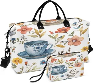 Travel Duffel Bag for Women Men, Teacup Flower Large Waterproof Weekender Overnight Bag, Detachable Shoulder Strap Travel Sport Gym Bag with Toiletry Bag