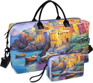 Travel Duffel Bag for Women Men, Village Boats Large Waterproof Weekender Overnight Bag, Detachable Shoulder Strap Travel Sport Gym Bag with Toiletry Bag