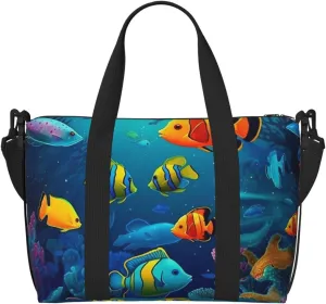 Travel Duffel Bags Personal Item Bag Carry On Luggage Bag Training Handbag Lightweight Waterproof Sports Gym Bag Underwater World Colorful Fishes Weekender Bag for Women Men, Black, One Size, Travel