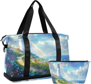 Travel Duffel Gym Sports Luggage Bag Expandable Large Capacity Lighthouse Seaside Sports Bag for Women and Men