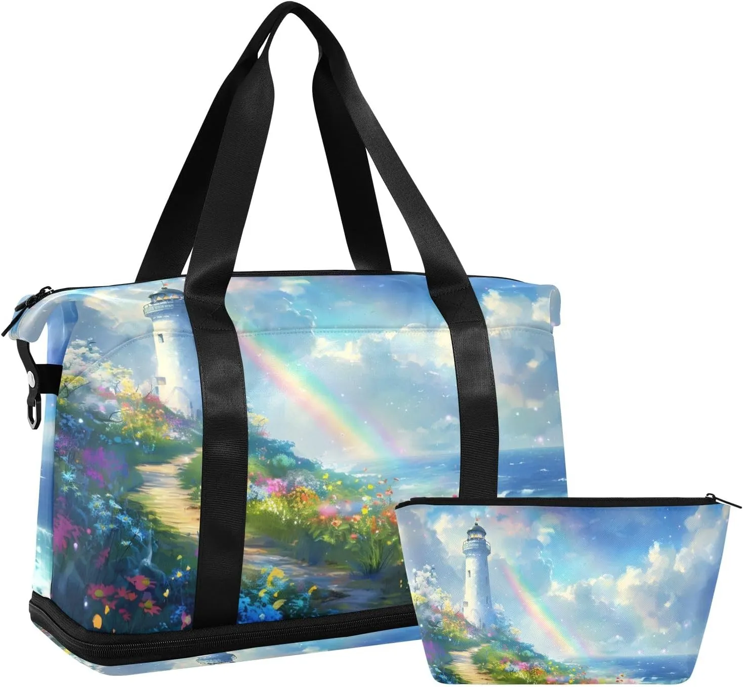 Travel Duffel Gym Sports Luggage Bag Expandable Large Capacity Lighthouse Seaside Sports Bag for Women and Men