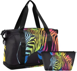 Travel Duffel Gym Sports Luggage Bag Expandable Large Capacity Rainbow Zebra Sports Bag for Women and Men