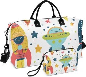 Travel Duffle Bag, Alien Rockets Stars Gym Bag with Storage Bag Weekender Overnight Bag for Men Women Trip Sports Yoga