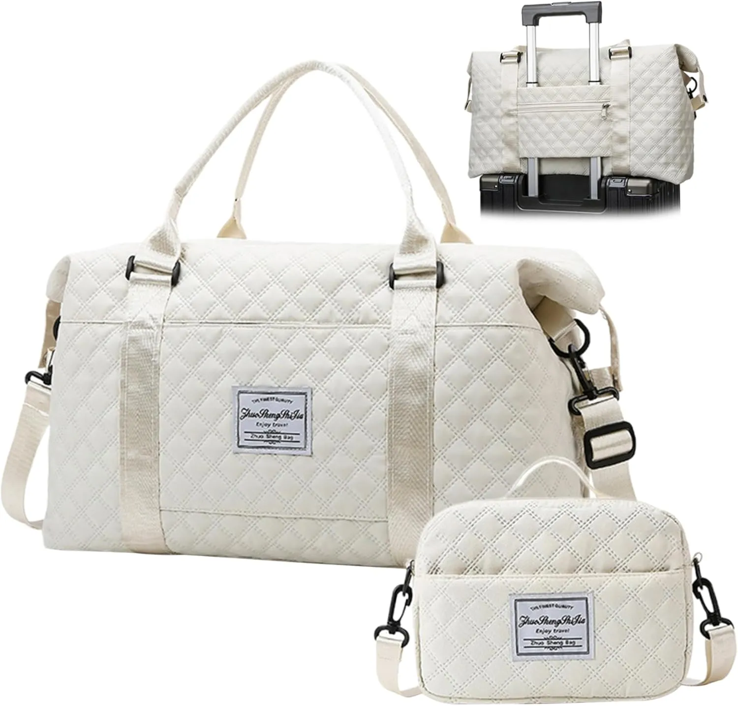 Travel Duffle Bag and Small Toiletry Bag Set Waterproof Overnight Dry with Wet Separated Pocket Large Capacity Weekender Luggage with Trolley Sleeve White