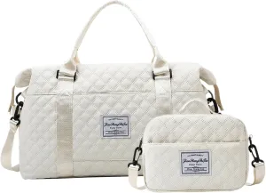 Travel Duffle Bag and Small Toiletry Bag Set Waterproof Overnight Dry with Wet Separated Pocket Large Capacity Weekender Luggage with Trolley Sleeve White