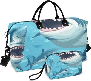 Travel Duffle Bag, Angry Blue Sharks Gym Bag with Storage Bag Weekender Overnight Bag for Men Women Trip Sports Yoga