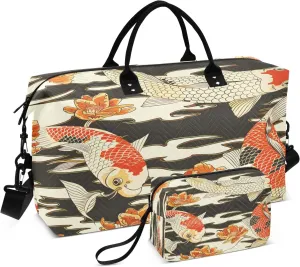 Travel Duffle Bag, Asian Goldfish Gym Bag with Storage Bag Weekender Overnight Bag for Men Women Trip Sports Yoga