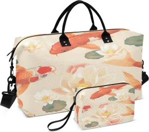 Travel Duffle Bag, Asian Goldfish Lotus Gym Bag with Storage Bag Weekender Overnight Bag for Men Women Trip Sports Yoga
