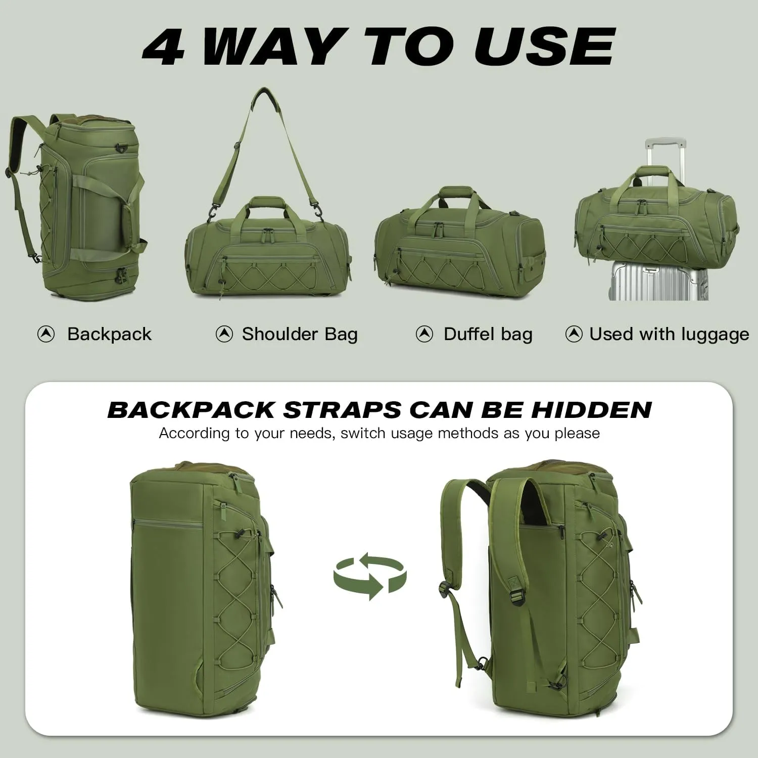 Travel Duffle Bag Backpack for Men 40L Medium Sports Gym Duffel with Wet Pocket & Shoes Compartment Carry on Overnight Weekender Bag for Travel, Green