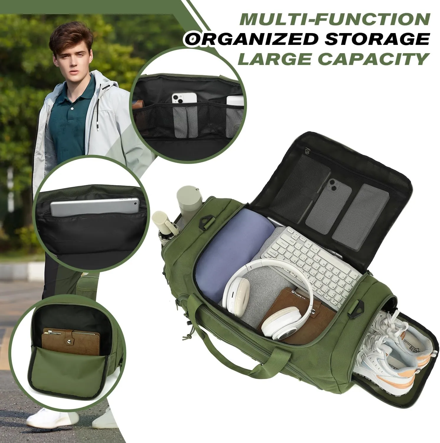 Travel Duffle Bag Backpack for Men 40L Medium Sports Gym Duffel with Wet Pocket & Shoes Compartment Carry on Overnight Weekender Bag for Travel, Green