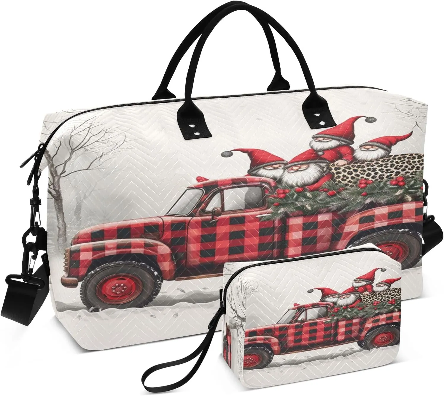 Travel Duffle Bag, Christmas Dwarf Red Black Plaid Car Gym Bag with Storage Bag Weekender Overnight Bag for Men Women Trip Sports Yoga