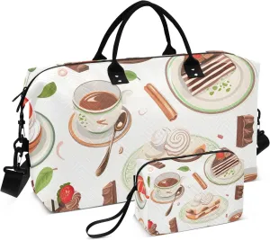 Travel Duffle Bag, Coffee Tea Pots Tea Cups Green Tea Leaves Gym Bag with Storage Bag Weekender Overnight Bag for Men Women Trip Sports Yoga
