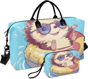 Travel Duffle Bag, Cute Hedgehog Wear Swimming Ring Gym Bag with Storage Bag Weekender Overnight Bag for Men Women Trip Sports Yoga