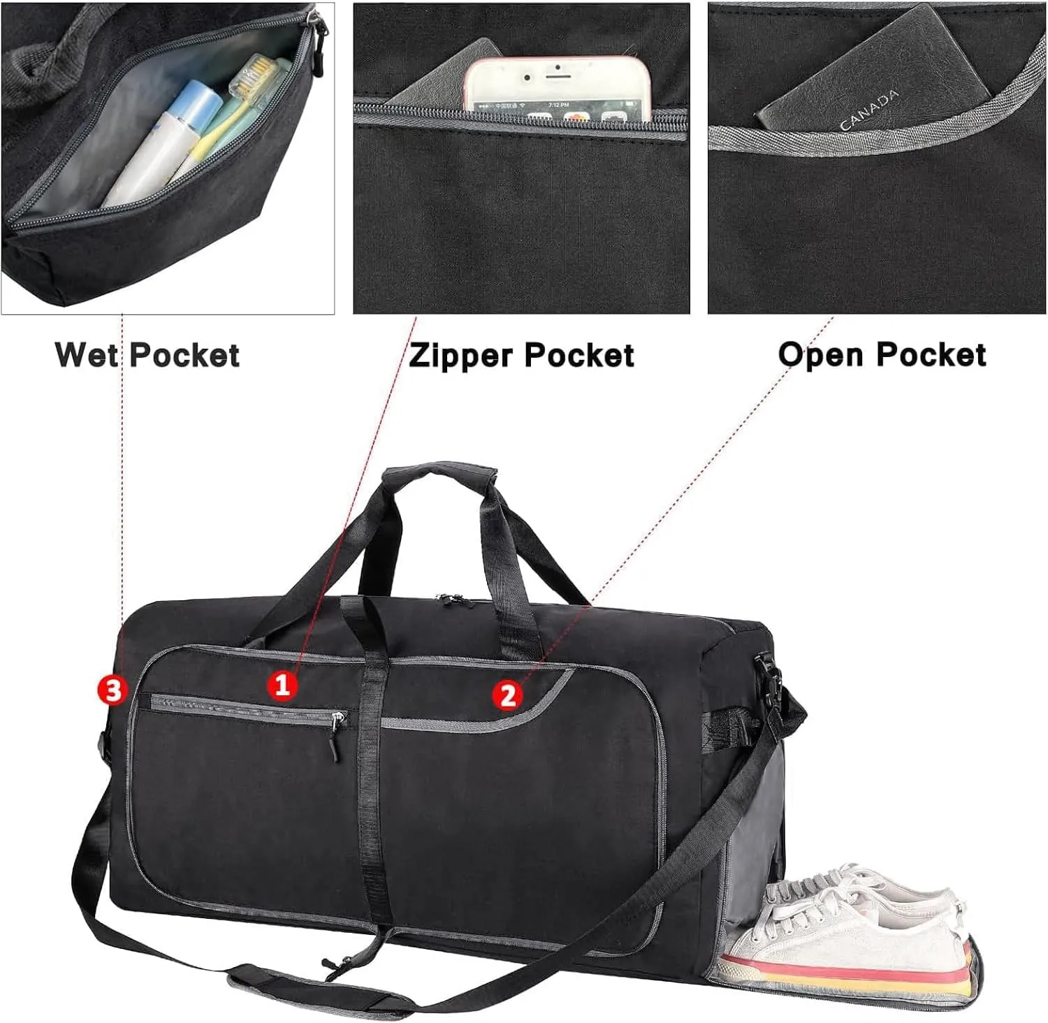 Travel Duffle Bag for Men, Extra Large Foldable Duffel Bags for Traveling with Shoes & Wet Compartment Waterproof Weekender Gym Bag for Men Women(150LBlack)